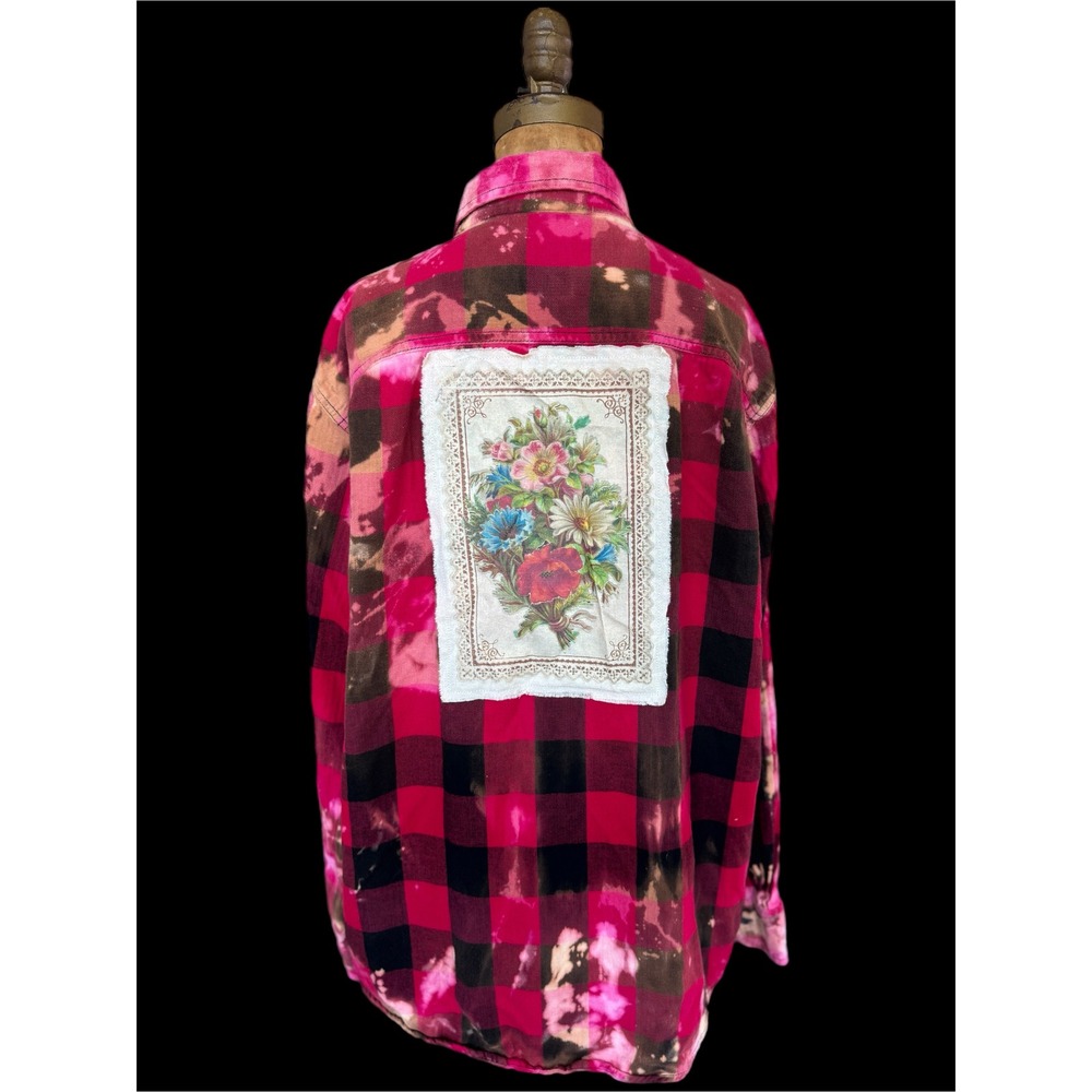 Botanical Bouquet Upcycled Bleached Buffalo‎ Plaid Flannel Shirt XL
